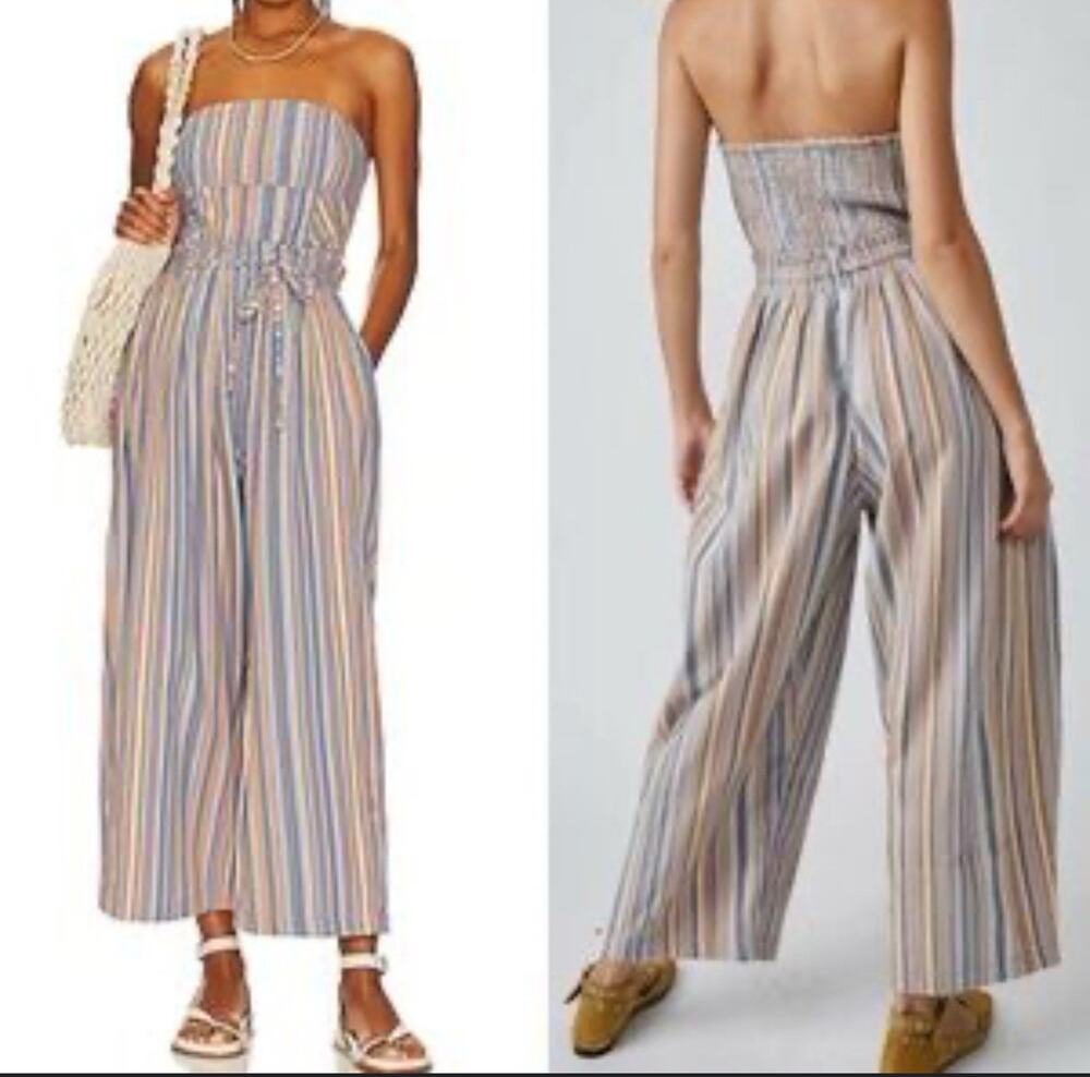 Free People Medium Roaming Shores Strapless Cotton Jumpsuit Blue Wide Leg Boho